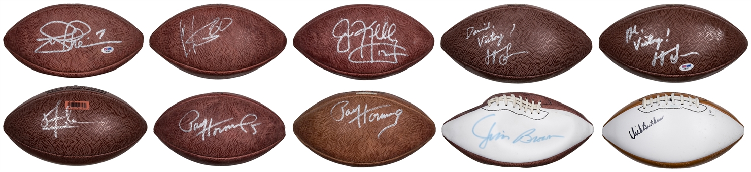 Lot of 10 NFL Hall Of Famers Signed Footballs Including Brown, Hornung, Butkus & Kelly (PSA/DNA & Beckett)